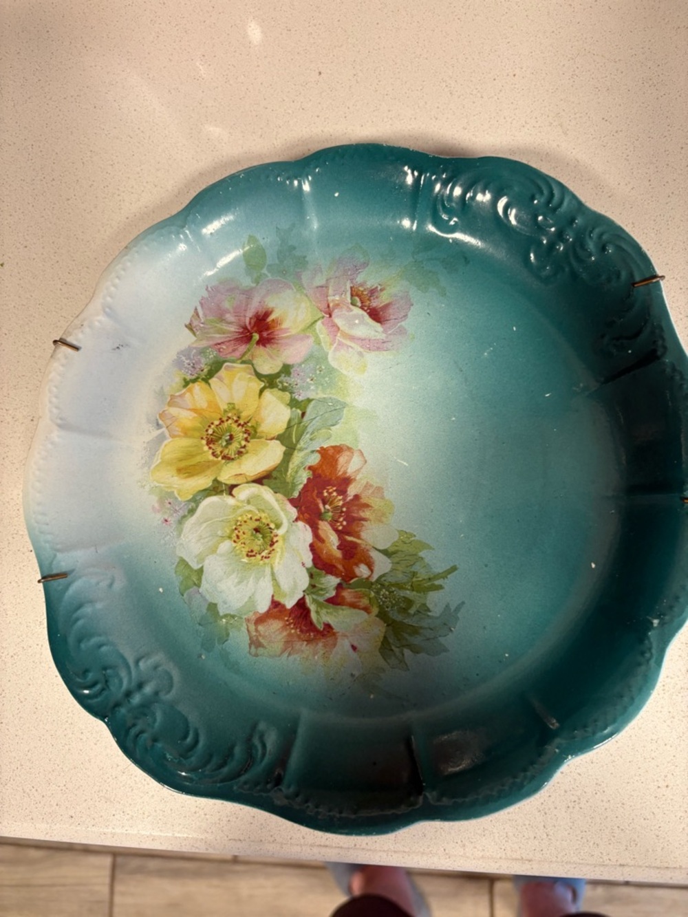 Vintage Floral Ceramic Serving Plate in Teal